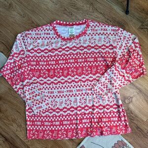 NWT, PINK by Victoria’s Secret Long Sleeve Sleepwear Top. Size Large. Red/Cream